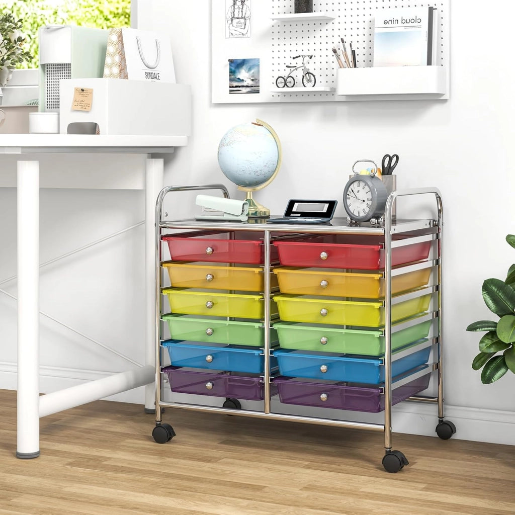 Carrello di Stoccaggio con 12 Cassetti, Carrello portaoggetti con 4 Ruote, Carrello Multiuso per Scuola Ufficio Cucina, 64 x 38 x 62 cm (12 cassetti Arcobaleno)