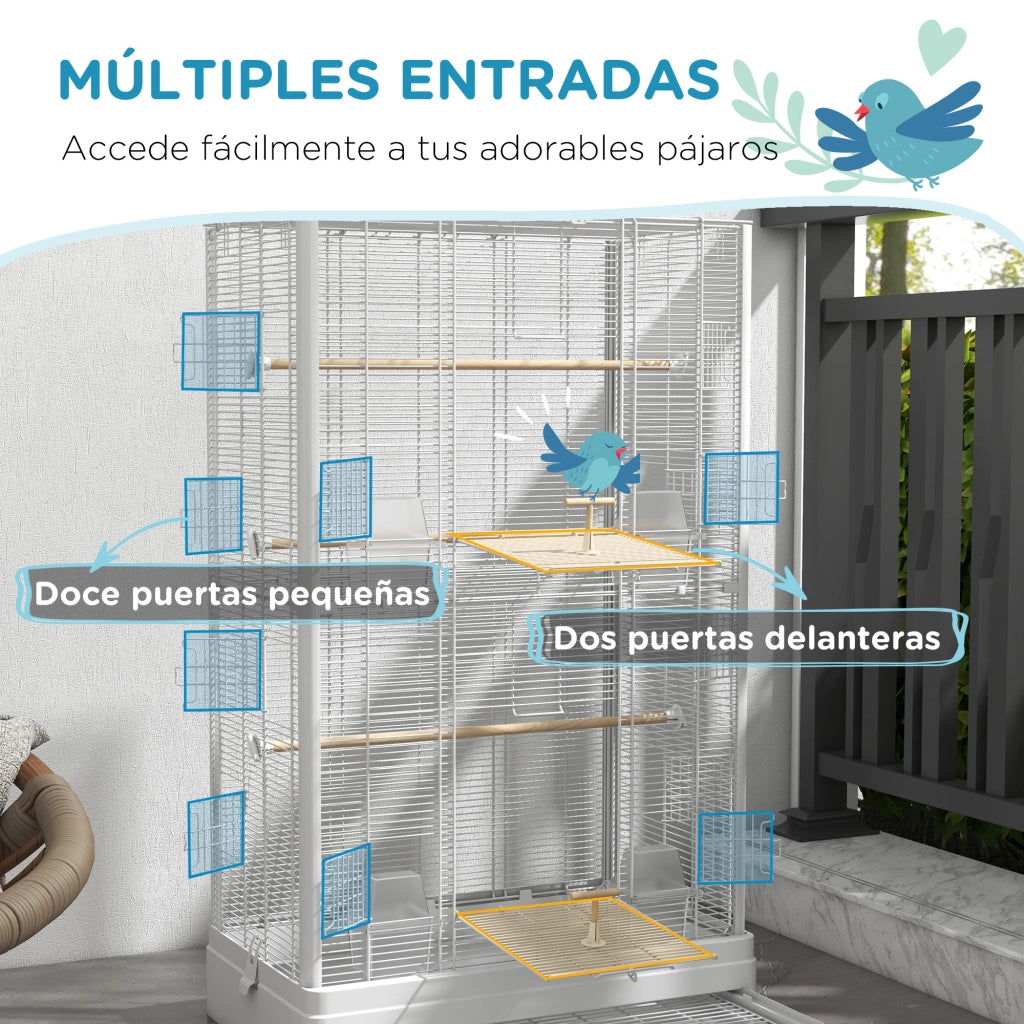 Gabbia per Uccelli ¨C zephmum ¨C Bianco 61x36.5x98 cm con 8 Porte 5 Posatoi Vassoio Estraibile 4 Mangiatoie