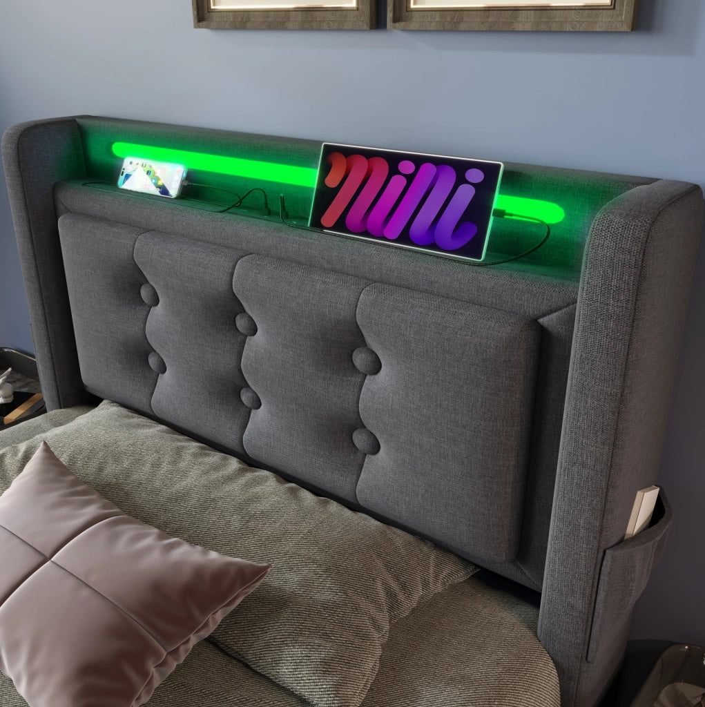 Polsterbett 90x200 mit USB-C; LED und Stauraum; Baumwoll-Leinen; Grau