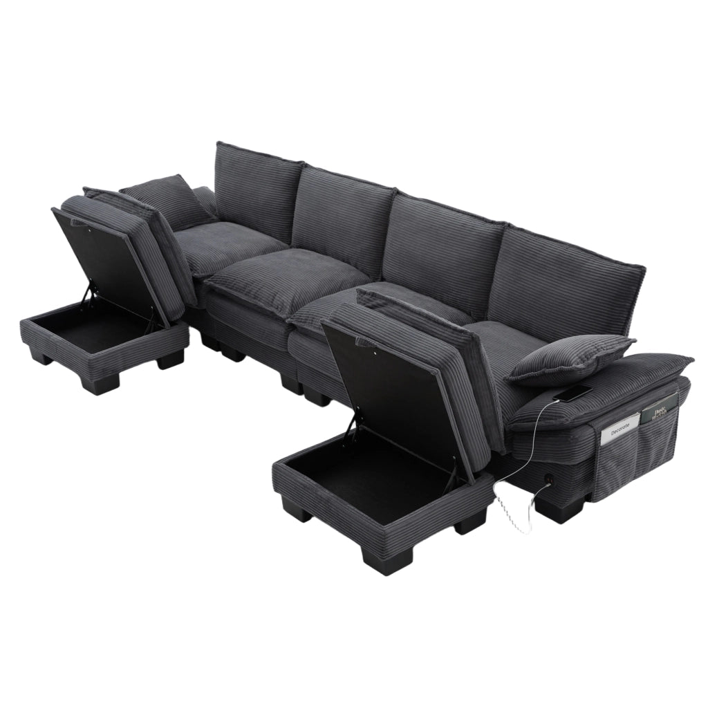 Divano modulare 4 posti ULEVR 330x132x84 cm con 2 pouf, USB-C e tasche laterali, velluto a coste grigio scuro