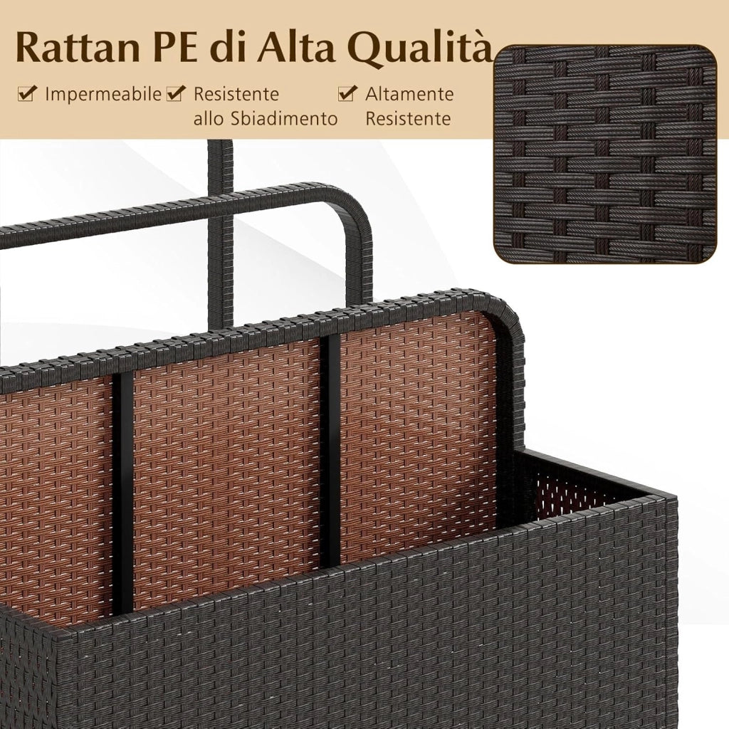 Carrello Archiviazione per Piscina in Rattan PE, Contenitore Esterno Impermeabile con 2 Portasciugamani e 4 Ruote, Portacoperte Giardino per Boe, Salvagenti, Cuscini e Asciugamani (Marrone)