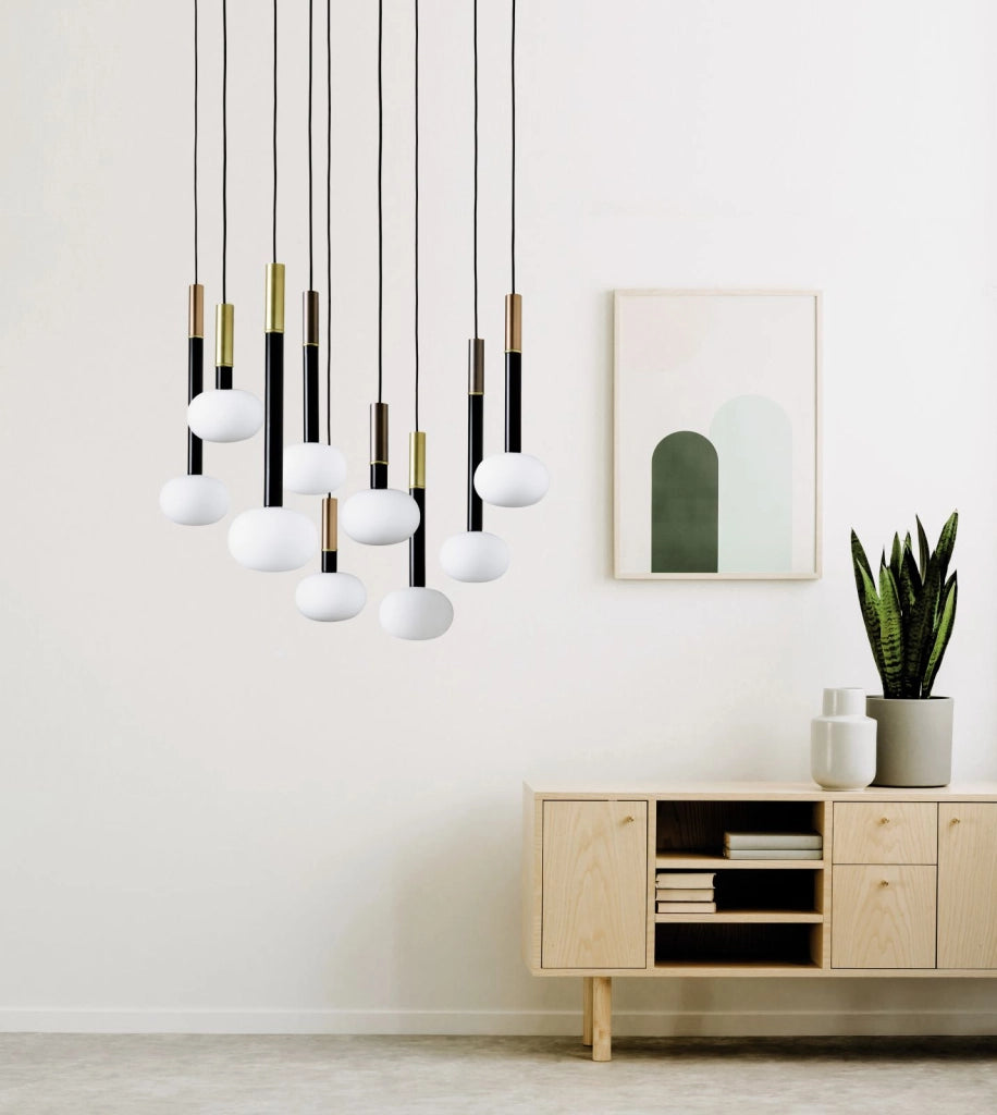 MOSE LAMPADARIO SOSPENSIONE 9 LUCI DIAM.70 METALLO VERNICIATO NERO VETRO BIANCO ATTACCO G9