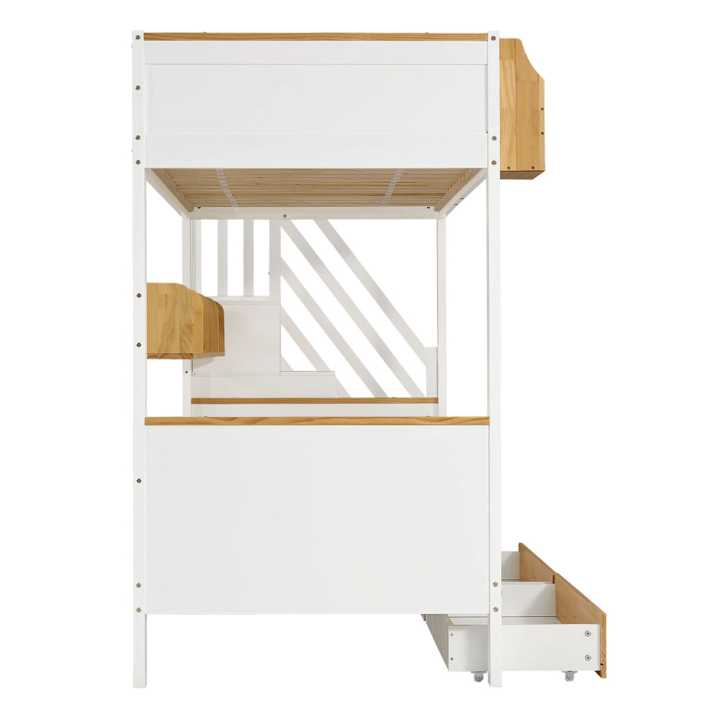 Letto a castello 90x200 cm con scala contenitore e cassetti in legno e MDF bianco e colore naturale