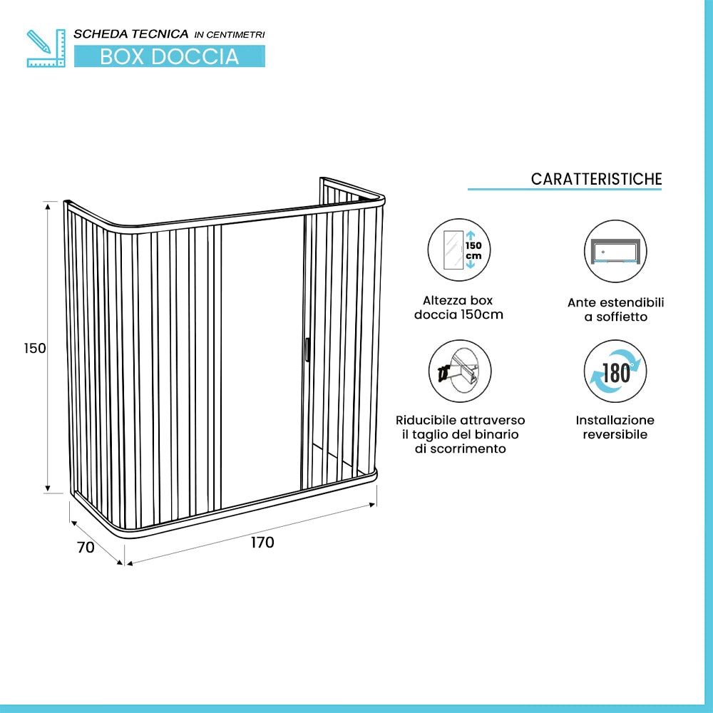 Box vasca 70x170x70 cm a soffietto in PVC bianco con chiusura calamitata ad angolo Teti