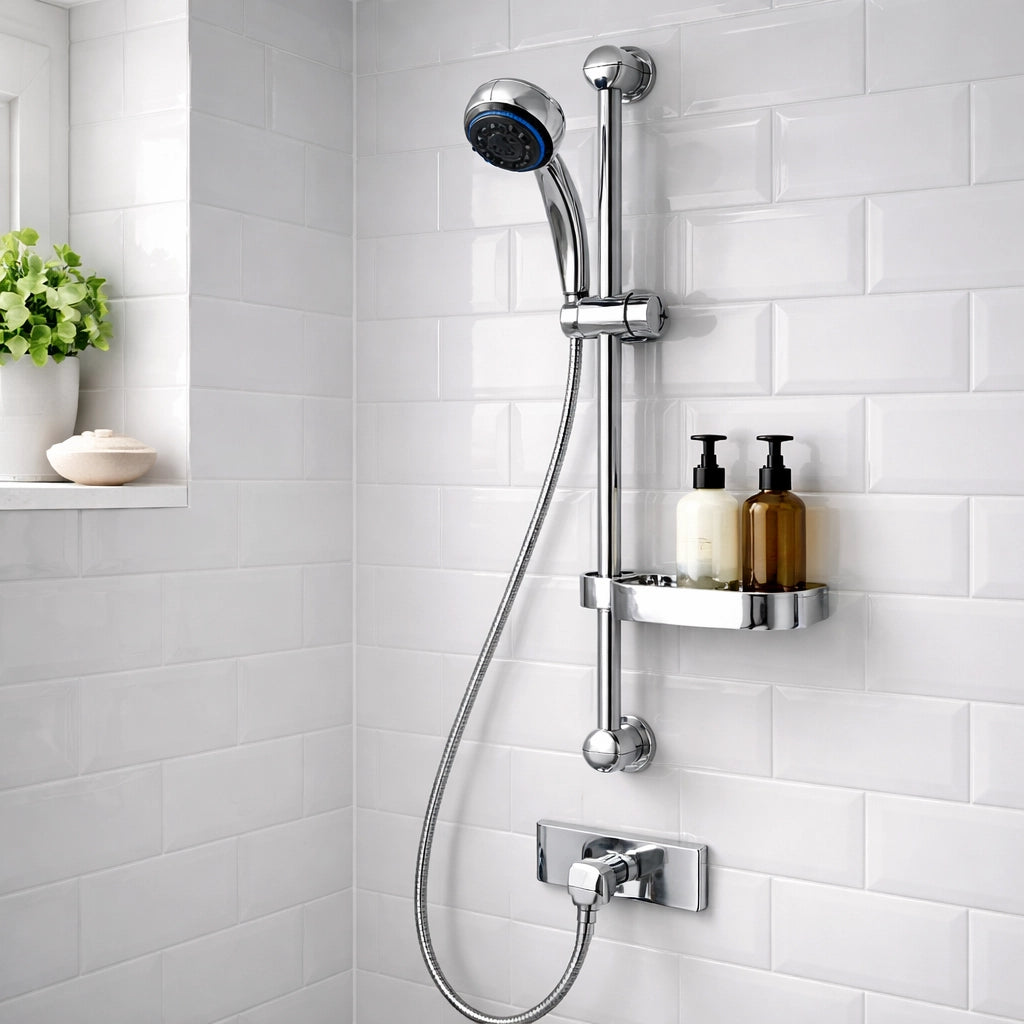 Saliscendi Doccia Cromato 60 cm con Soffione Multigetto e Portasapone 69130