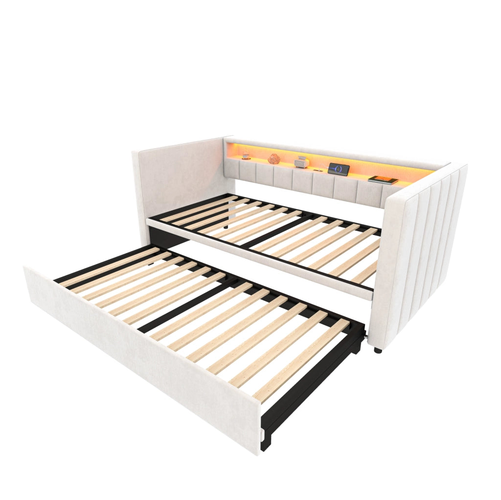 Divano letto estraibile 90x190 cm beige in velluto con LED