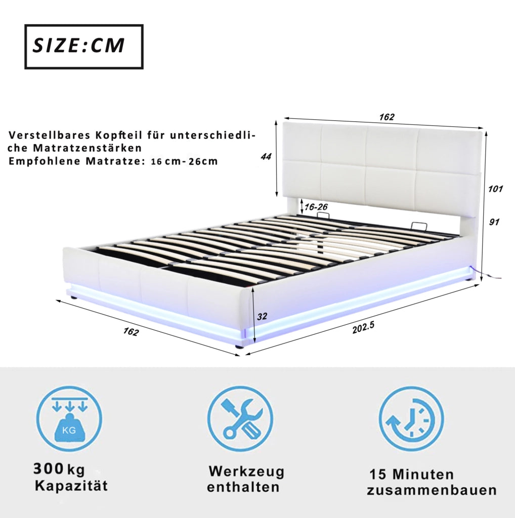 Letto imbottito 160x200 cm con LED e contenitore in similpelle bianco