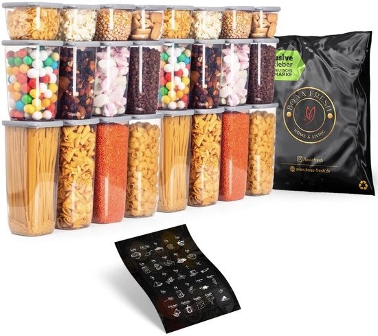 Set di conservazione 24 pezzi grigio con coperchio in silicone e 25 etichette, BPA libero, set di conservazione con coperchio cucina, organizzatore cucina, set di conservazione, 8 x 1750 ml, 8 x 1200 ml, 8 x 550 ml - mix 24 pezzi grigio.