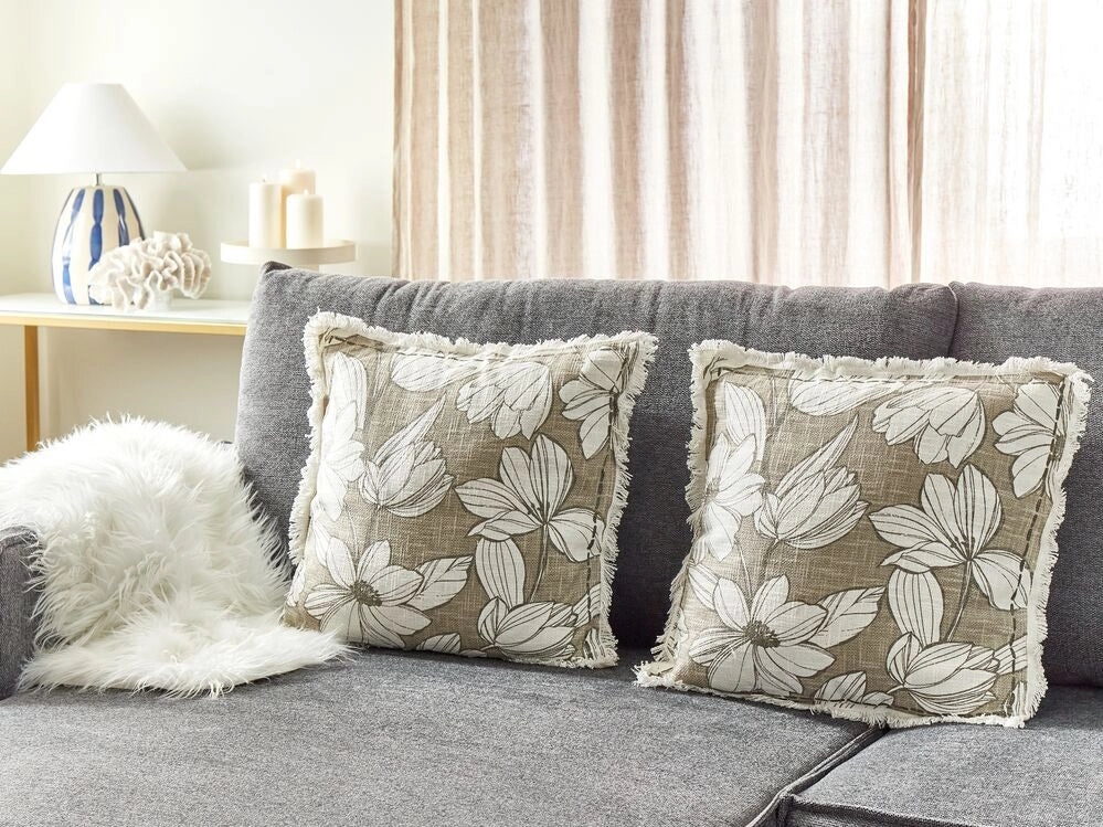 Set di 2 cuscini in cotone bianco e verde con motivo floreale e frange 45 x 45 cm con imbottitura stile boho