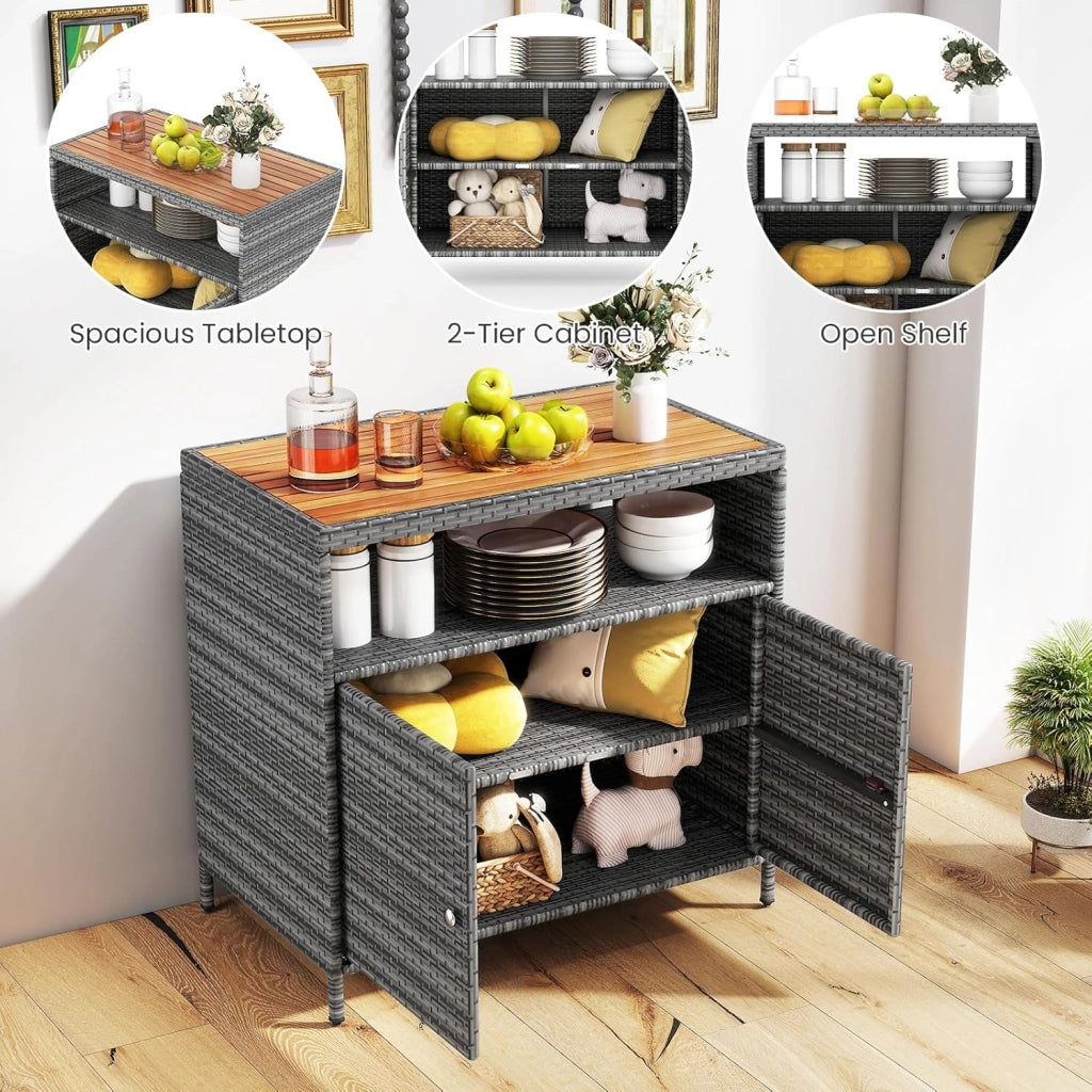Armadietto da giardino, credenza in rattan, armadio portaoggetti con piano di lavoro e mensola, armadio per giardino, balcone e piscina, 90 x 53 x 86 cm, grigio