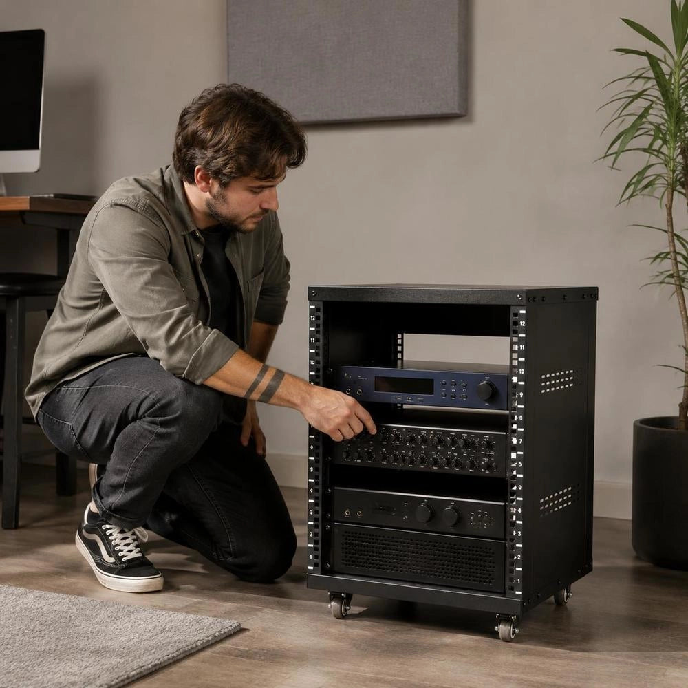 12U AV Rack Stand, 500 Lbs Capacity, Network Stereo Recording Studio Rack With Lockable Casters, Round And Square Holes, Special Ventilation Openings For Mounting 19-inch Audio, Video, Music And IT Equipment