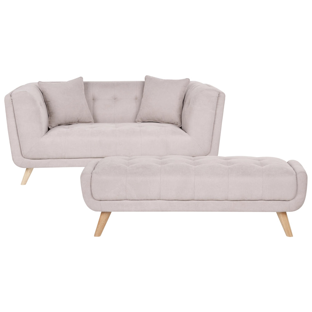 Divano a due posti in tessuto con poggiapiedi cuscini decorativi e gambe in legno trapuntatura decorativa stile retrò tortora