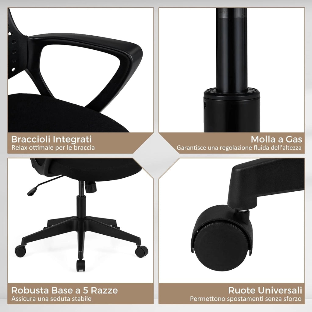Sedia da Ufficio Ergonomica, con Schienale Reclinabile, Regolabile in Altezza, Sedia Scrivania con Seduta Girevole 360°e Ruote per Ufficio, Studio e Soggiorno, Portata 150 kg (Nero)