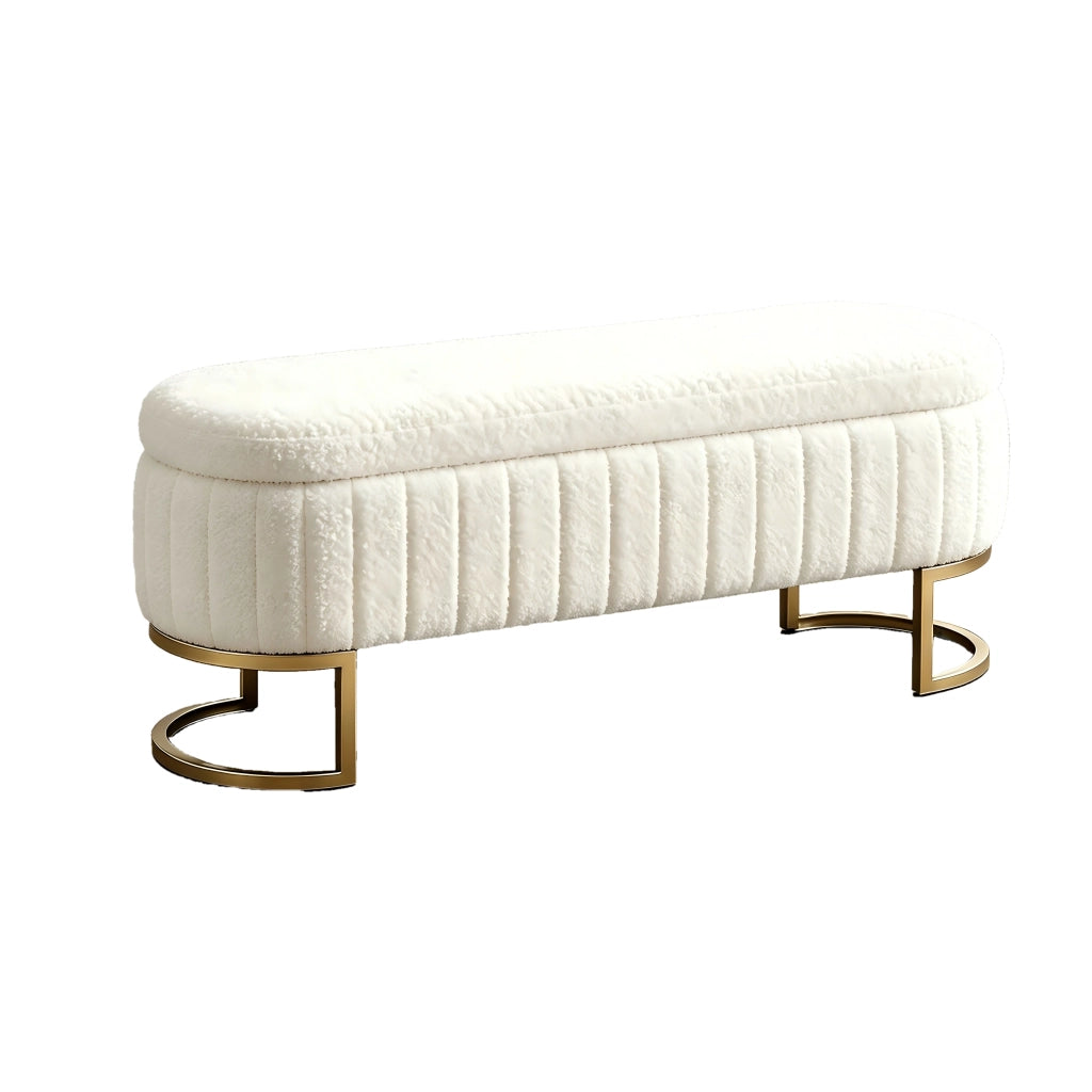 Panca da letto contenitore in velluto con seduta imbottita e piedi in metallo dorato, crema 130 cm