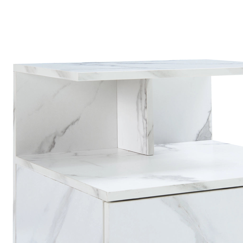 Comodino da Parete Amberg con Cassetto e Ripiani 40x35x31 cm - Effetto Marmo Bianco [en.casa]