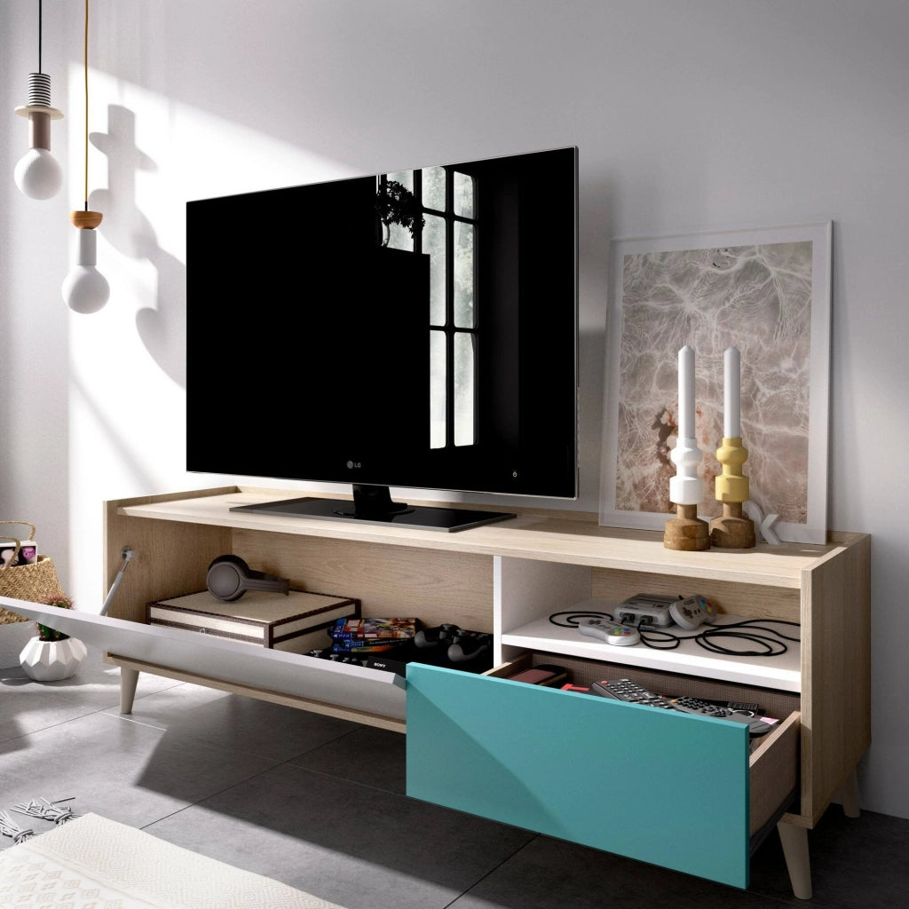 Mobile porta TV Axterix, Credenza bassa da soggiorno, Madia da salotto per televisione, 155x43h47 cm, Rovere e Bianco
