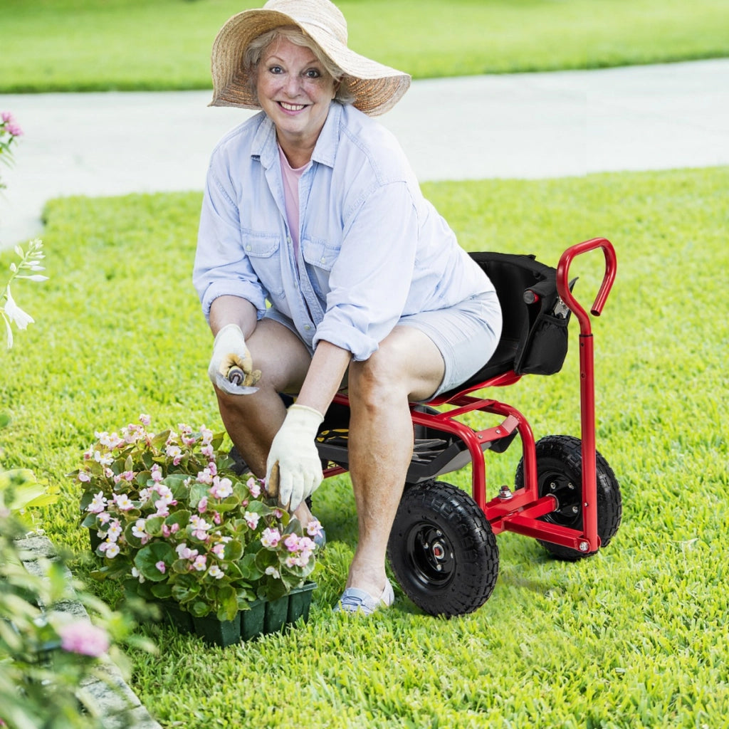 Carrello da giardino con ruote 26cm sedile girevole manico telescopico, Sgabello da giardinaggio Rosso-Attrezzi da giardino