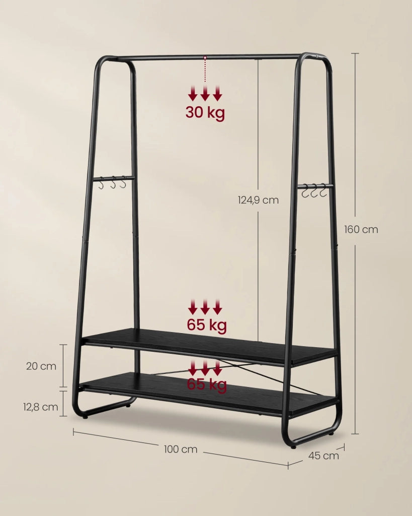 Appendiabiti industriale 45 x 100 x 160 cm robusto con 2 ripiani 6 ganci a S struttura in acciaio per camera da letto stile industriale marrone rustico e nero 12_0006993