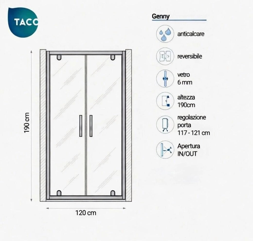 Box doccia nicchia 120 cm porta due battenti H190 cm GENNY - Cromato Lucido