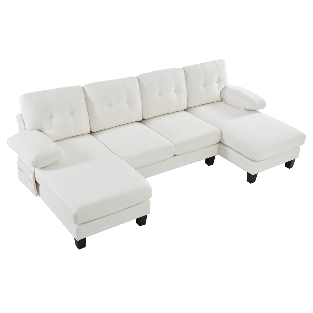 Divano angolare 4 posti con chaise longue e braccioli rimovibili; in chenille beige