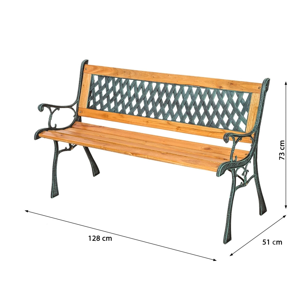 Panchina Da Giardino 2 Posti In Legno E Ghisa Panca Design Vintage Elegante Con Schienale A Traliccio Resistente E Compatta Ideale Per Terrazzo Balcone Giardino 128 x 51 x 73 Cm