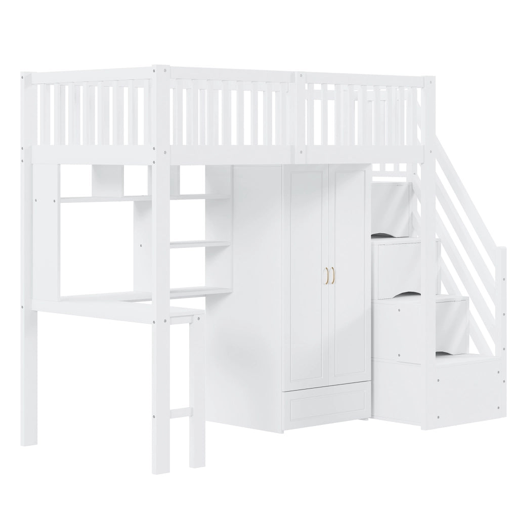 Letto a soppalco 90x200 con armadio, scrivania e scala contenitore