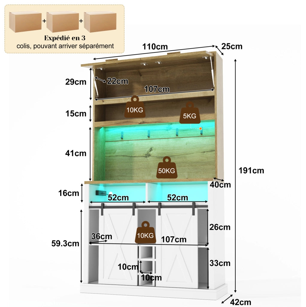 Credenza alta 110x40x191 cm con LED RGB; ripiani aperti e vetrina in MDF naturale e bianco