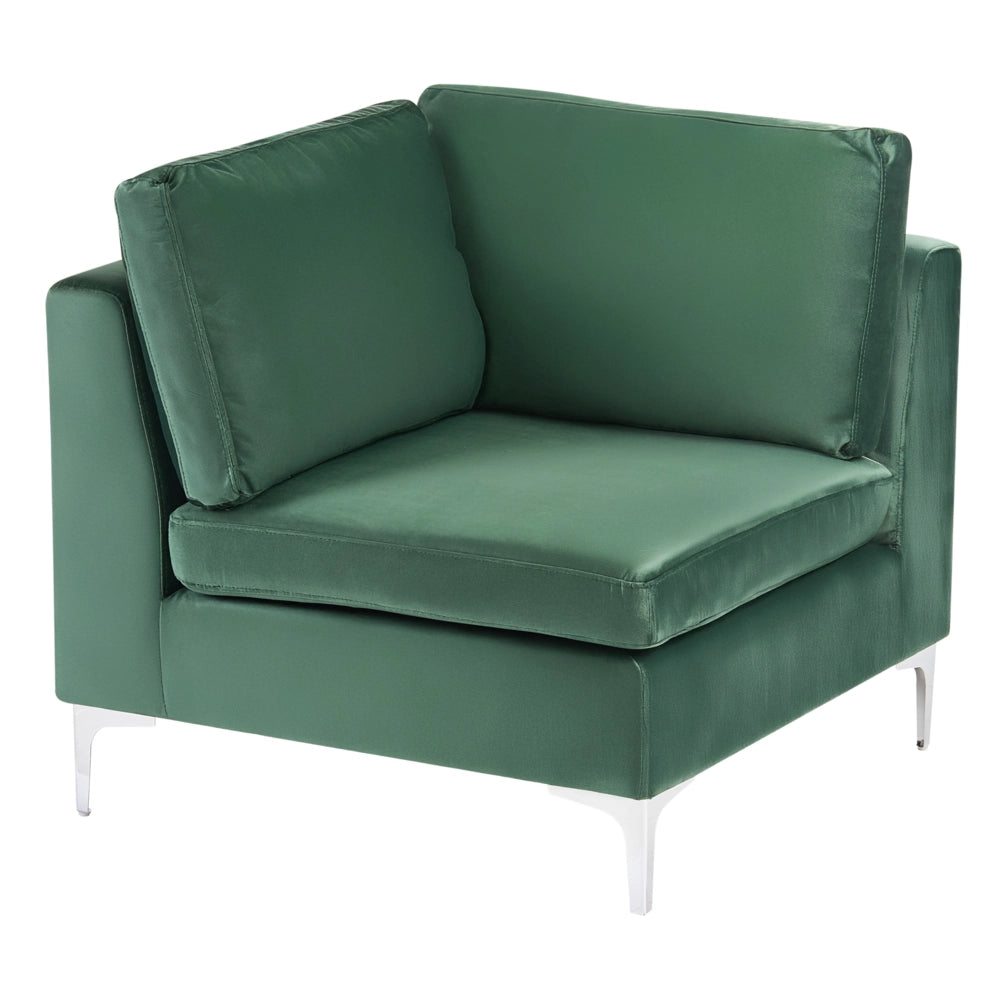 Divano ad angolo componibile versione sinistra a 4 posti in velluto verde con gambe in metallo argentato a forma di L ottomana Stile glamour