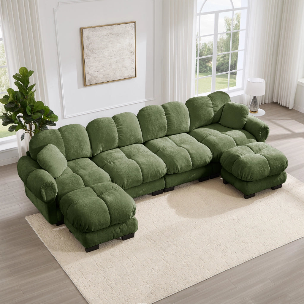 Divano panoramico a U 4 posti in ciniglia con 2 pouf mobili seduta trapuntata e schienale ergonomico verde