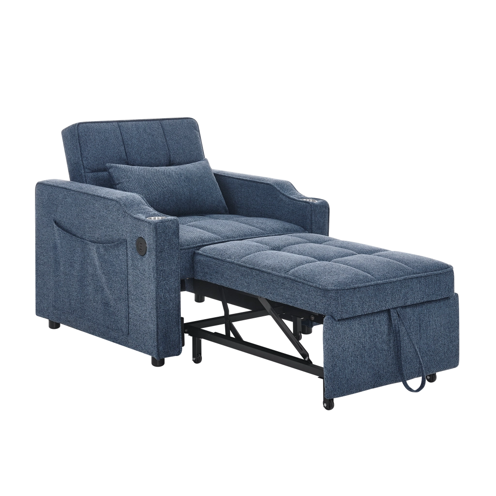 Poltrona letto 3 in 1 con schienale regolabile e tasche laterali in tessuto blu navy