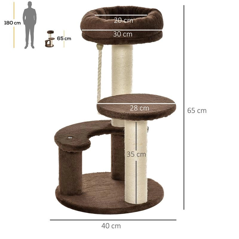 ALBERO TIRAGRAFFI PER GATTI A 3 LIVELLI CON LETTINO IN PELUCHE E PALI IN SISAL Ï40X65 CM MARRONE