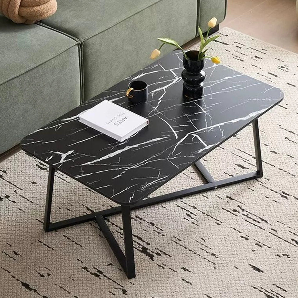 Trade Shop - Tavolino Rettangolare Basso Con Piano Effetto Marmo Gambe Incrociate Per Soggiorno Salotto -