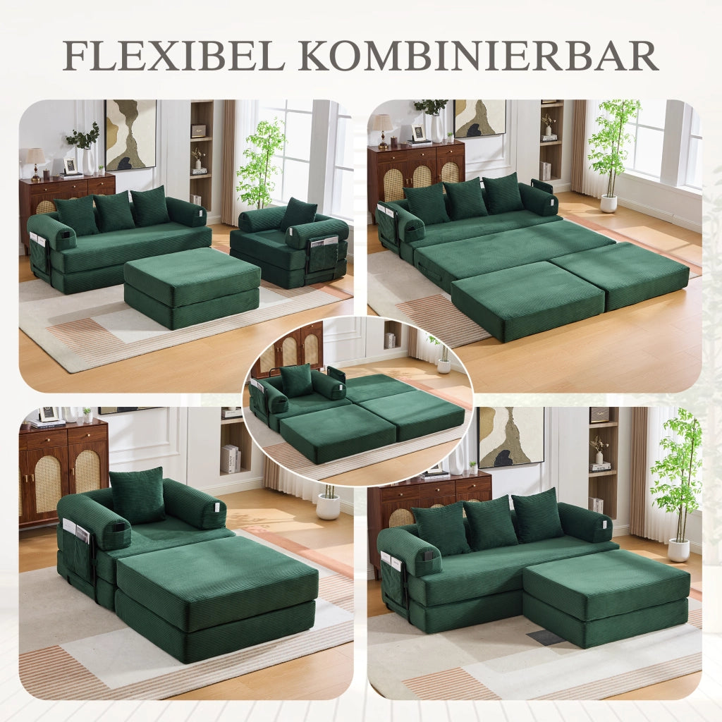 Divano modulare con pouf e tasca laterale, struttura in metallo, in velluto a coste verde smeraldo 200 × 190 × 67 cm