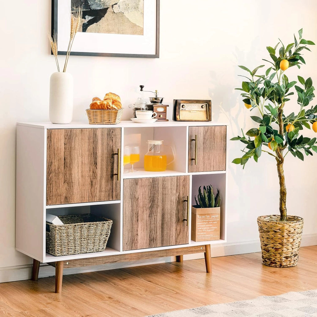 Credenza in legno, armadietto a buffet con 6 scomparti, con manici in metallo e dispositivo di sicurezza ribaltabile, 95 x 33 x 76 cm, cassettiera per soggiorno, cucina (bianco + marrone)