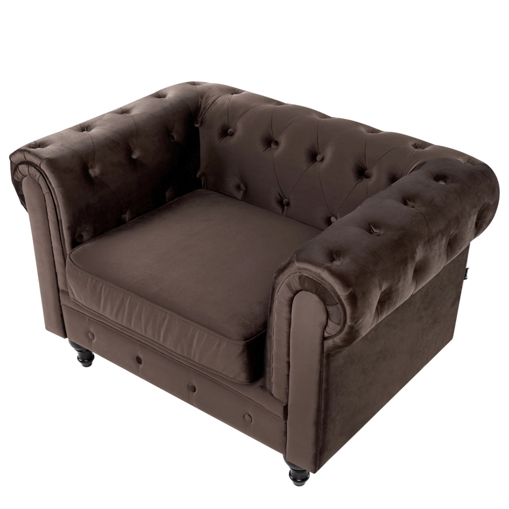 Poltrona Chesterfield in velluto marrone scuro con gambe in legno di gomma stile contemporaneo