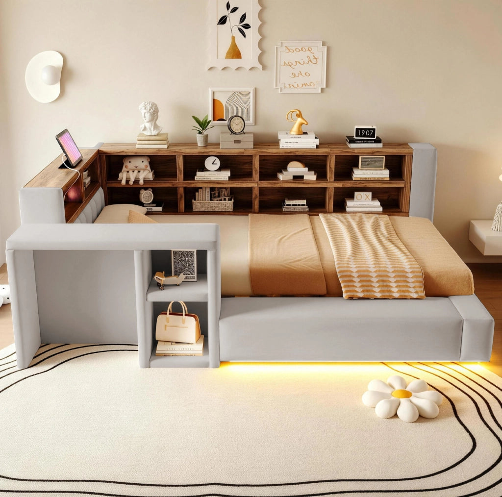 Letto imbottito 90x200 cm con contenitore; LED; prese integrate e comodino; grigio chiaro