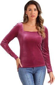 Camicia in Velluto con Maniche Lunghe e Collo Quadrato in Rosa, Taglia M