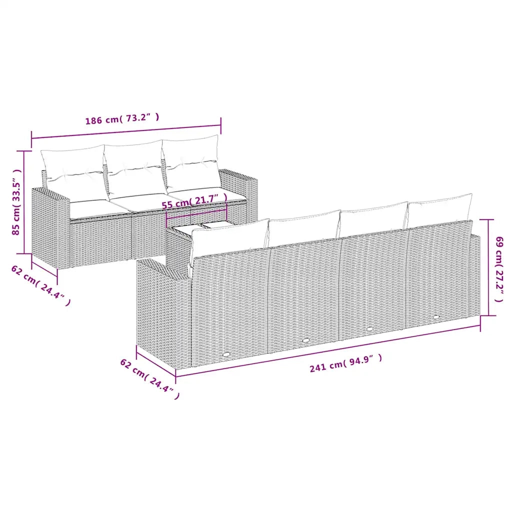 Set Divani da Giardino 8 pz con Cuscini Marrone in Polyrattan