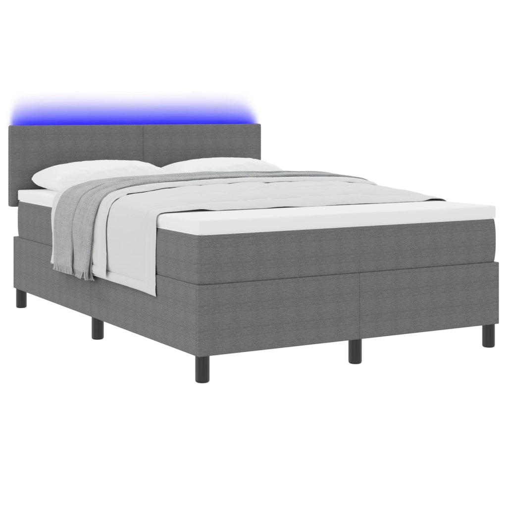 Letto Box Spring con Materasso&Luce LED Grigio 140x200 cm Tessuto a Coste