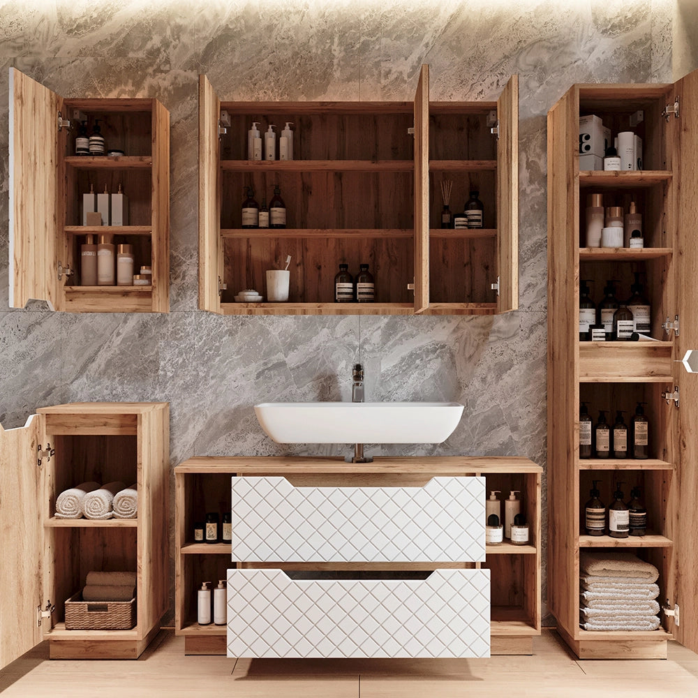 Vicco Mobile sottolavabo per bagno Rovere/bianco con struttura in piastrelle 119.2 x 62.5 cm con 2 cassetti