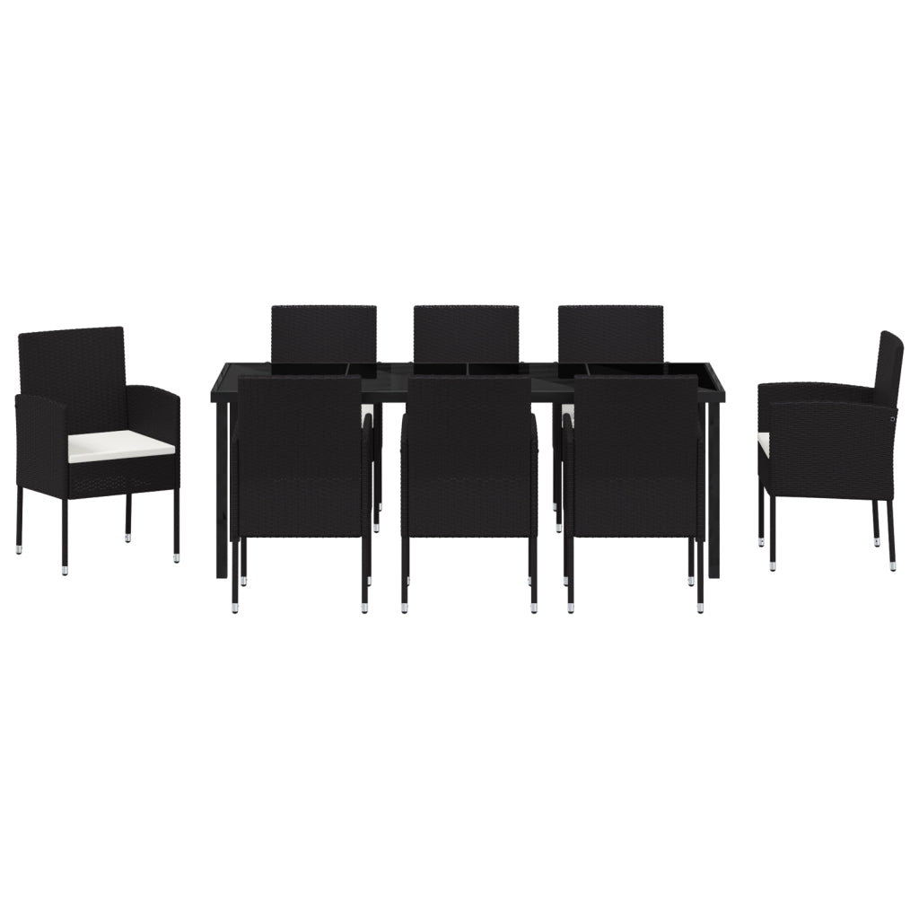 Set da pranzo da giardino 9 pezzi con cuscini in polyrattan nero