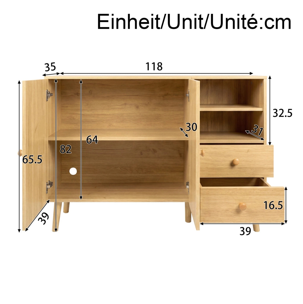 Credenza con 2 ante curve; 2 cassetti e vani aperti in MDF e truciolare; naturale