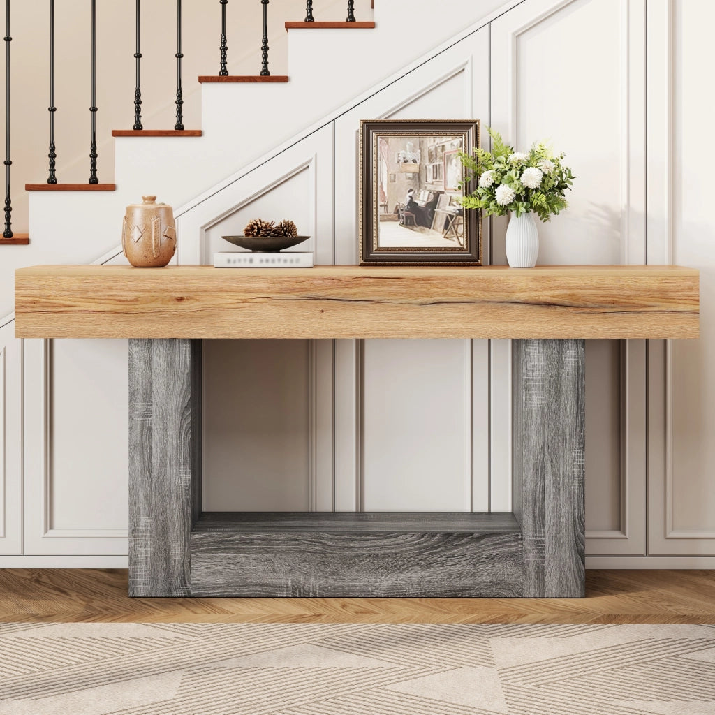 Consolle con ripiano inferiore e struttura a U, in truciolare effetto legno, naturale, 160 × 30 × 82,5 cm