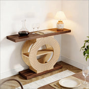 Consolle in legno con base rotonda e ripiani, stile country, per ingresso, marrone, per foto e libri