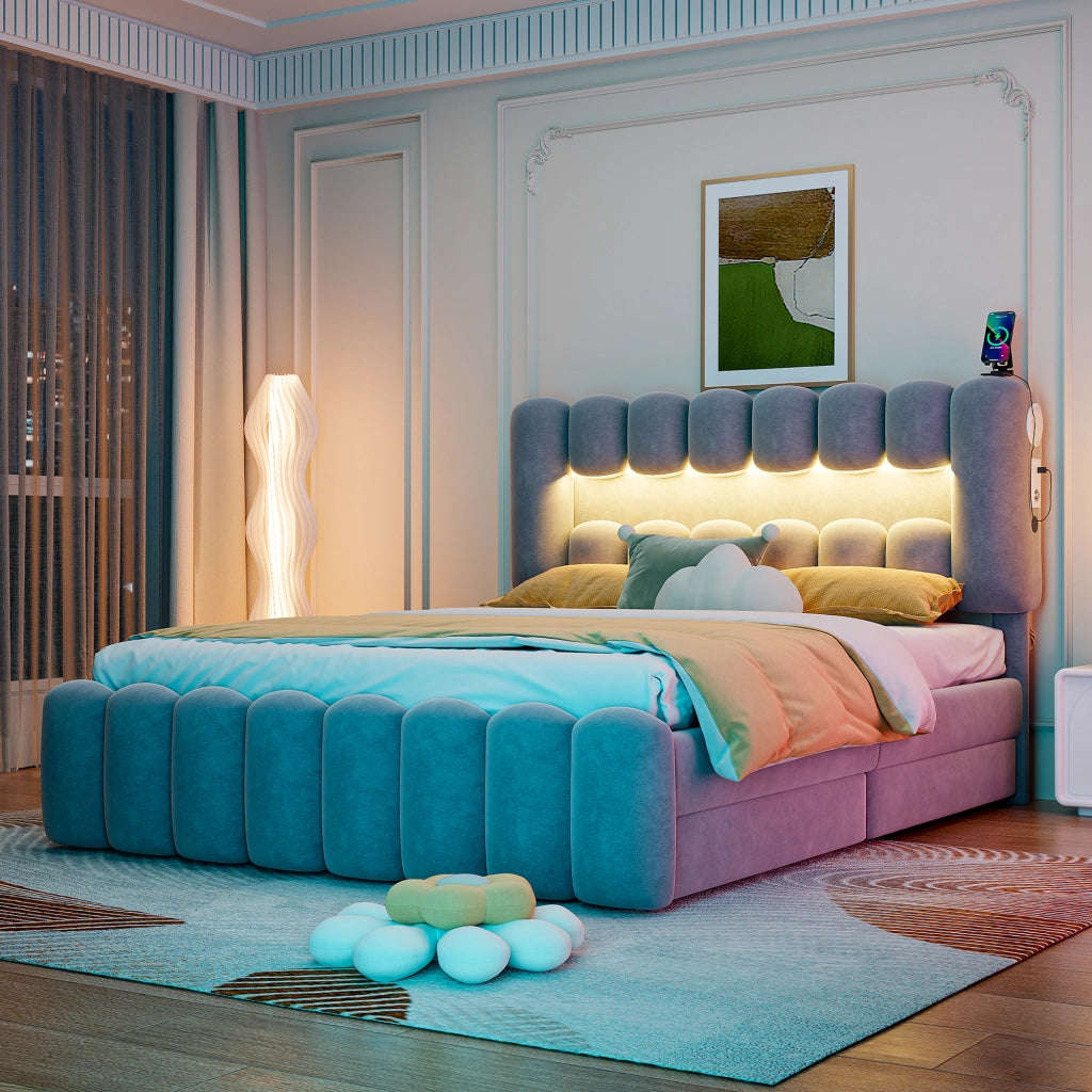 Letto imbottito in velluto con LED, USB e 4 cassetti, 160x200 cm, grigio