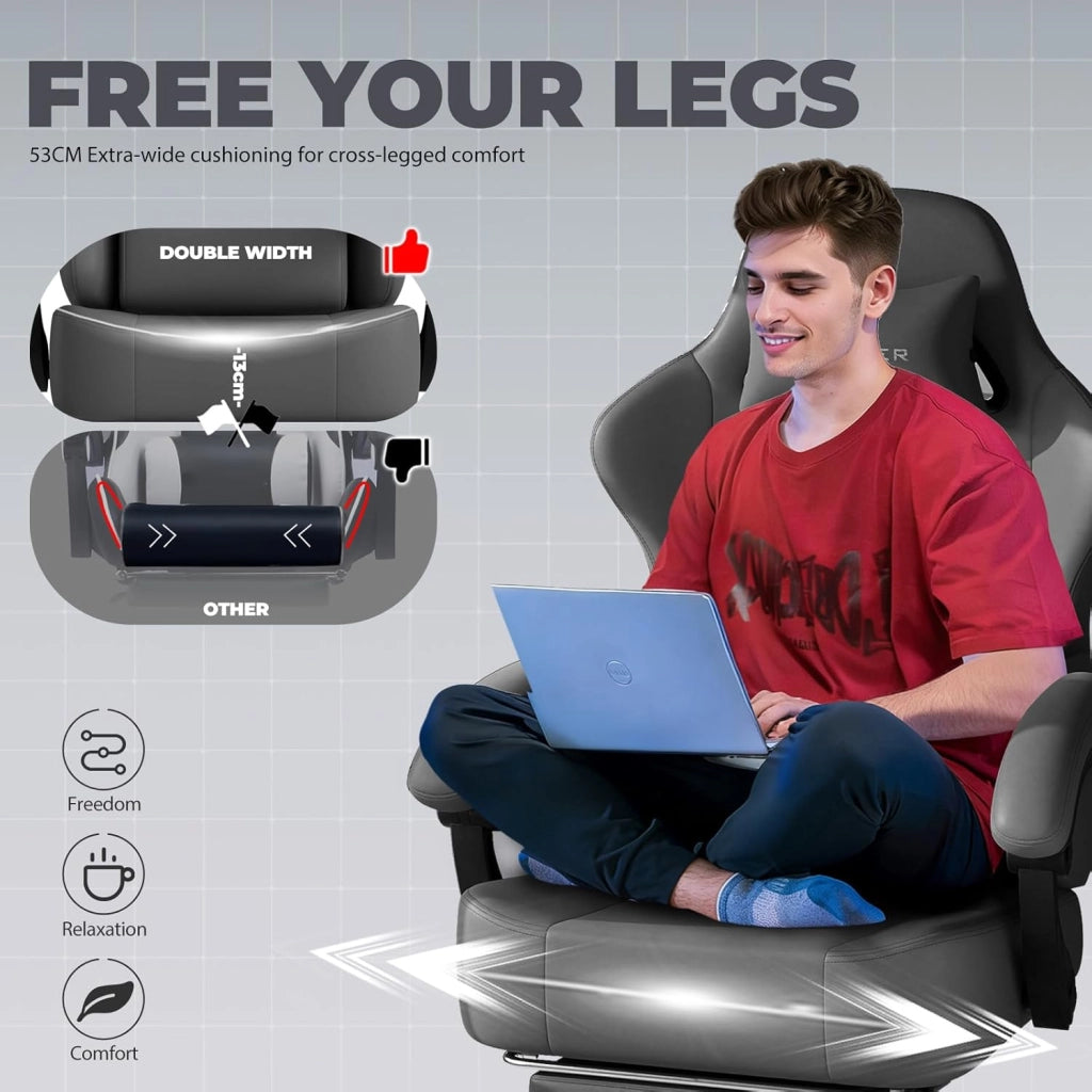 Sedia da gioco, traspirante, sedia da ufficio, ergonomica, in tessuto di alta qualità, ergonomica, schienale regolabile a 160°, poggiapiedi estraibile,carico 180 kg,grigio