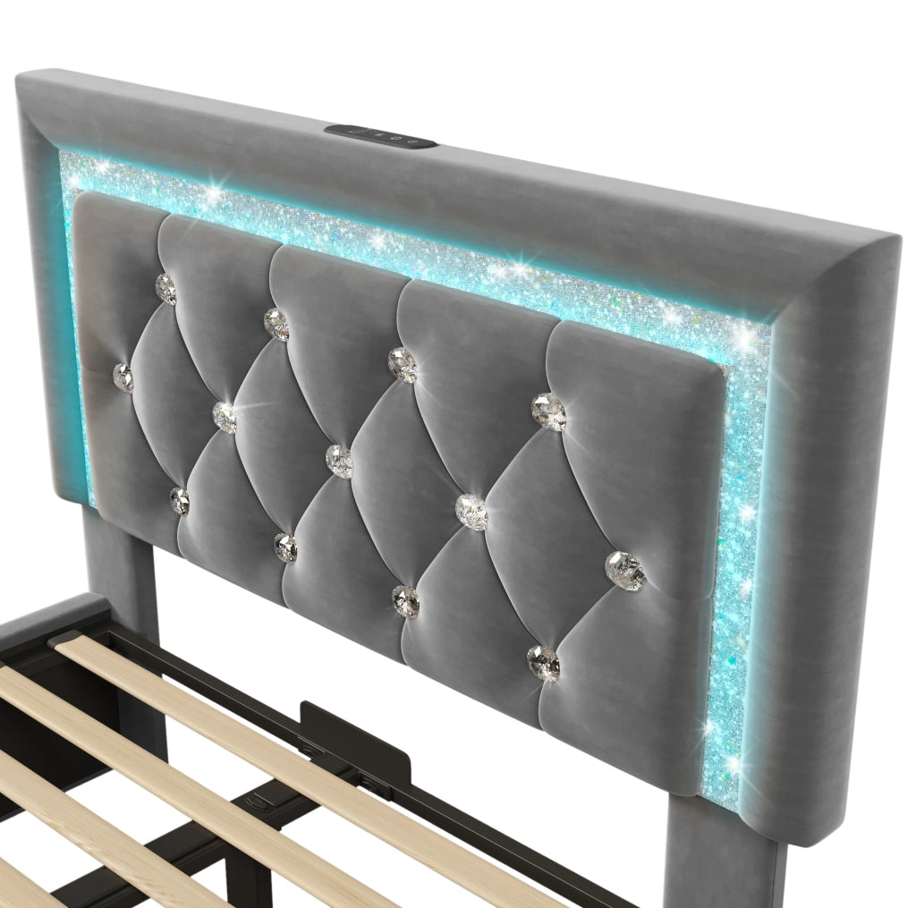 Letto imbottito in velluto 90x200 cm con LED, USB e contenitore