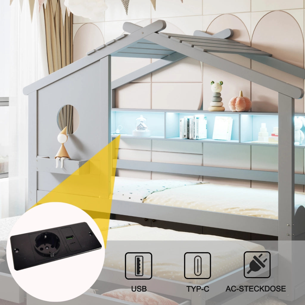Letto 90200 grigio letto extra 90190 design casa cassetti USB+Tipo-C+LED mensole multifunzionali