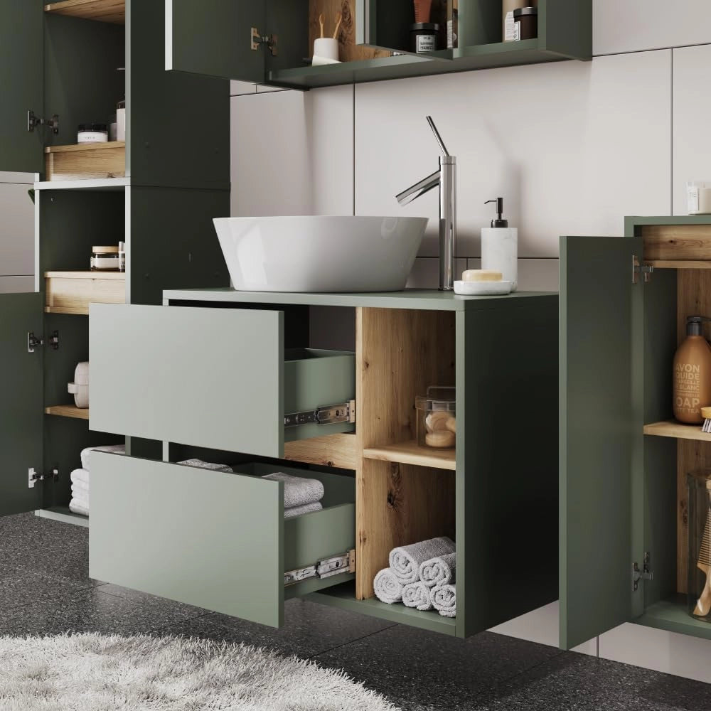 Mobiletto per lavabo Viola, Verde/Artigianale, 80 x 60 cm con 2 cassetti