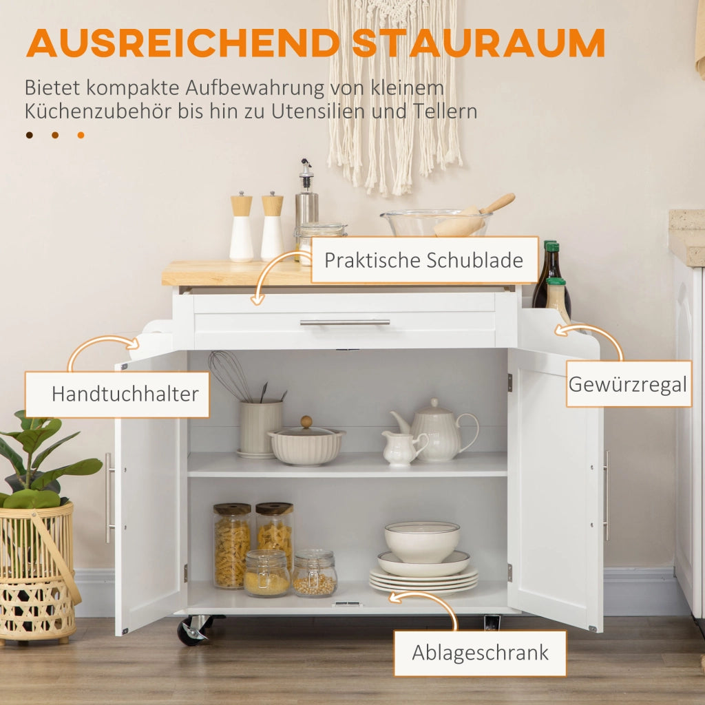 Carrello da Cucina con 1 Cassetto; Armadietto; Portaspezie e Portaasciugamani; con Ruote; 109 x 40 x 89 cm